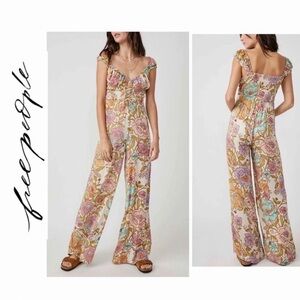 Free People Rolling Hills Floral Jumpsuit in Tea Combo Size Large